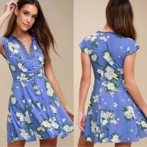 Free People Alora Mini Blue Floral Lace Collar Button Down Boho Dress Sz 2
